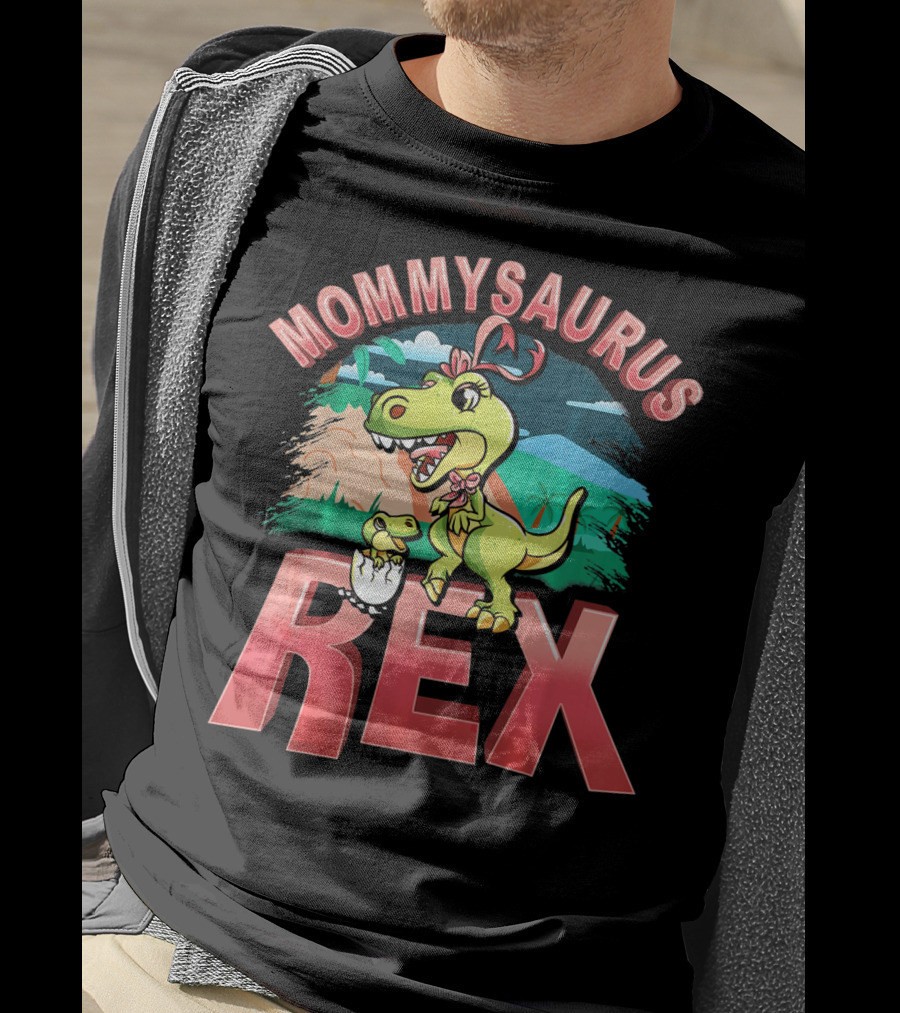 Mommysaurus Rex Dinosaur With Baby Egg In Prehistoric Landscape T-Shirt