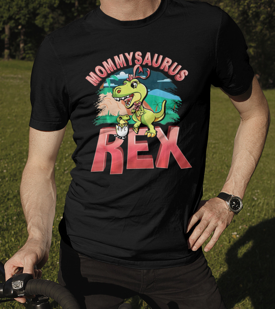 Mommysaurus Rex Dinosaur With Baby Egg In Prehistoric Landscape T-Shirt