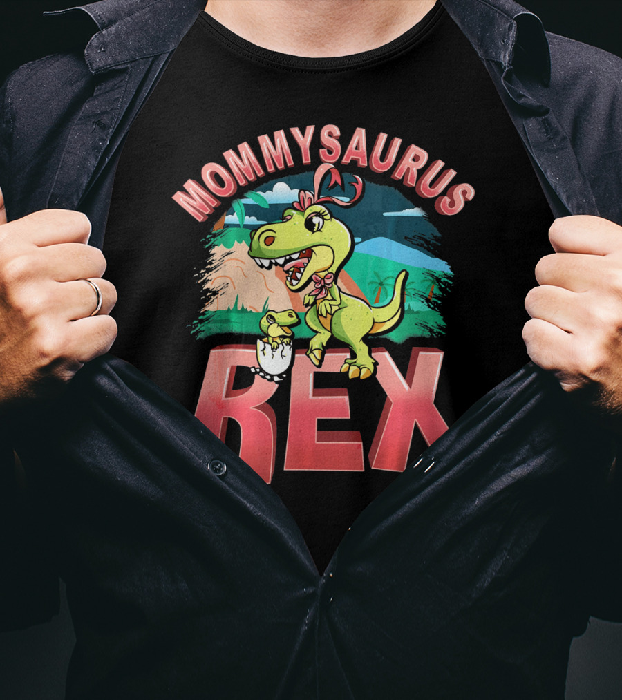 Mommysaurus Rex Dinosaur With Baby Egg In Prehistoric Landscape T-Shirt