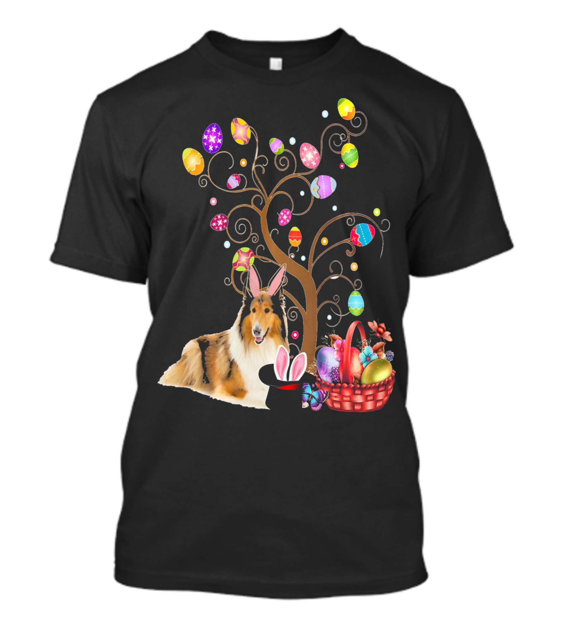 Bunny Rough Collie Easter Day Hunting Eggs Basket Tree T-Shirt