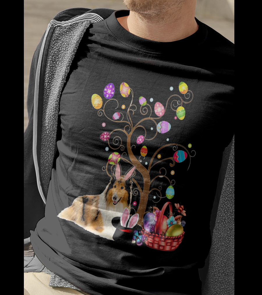 Bunny Rough Collie Easter Day Hunting Eggs Basket Tree T-Shirt