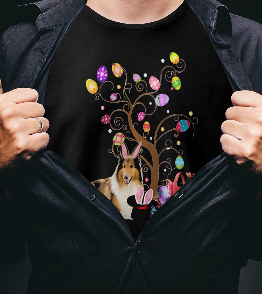 Bunny Rough Collie Easter Day Hunting Eggs Basket Tree T-Shirt