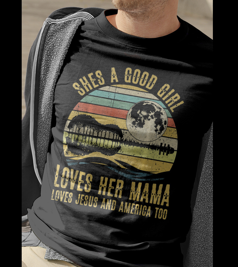 She's A Good Girl Loves Her Mama Loves Jesus And America Too Retro Acoustic Guitar Moon T-Shirt