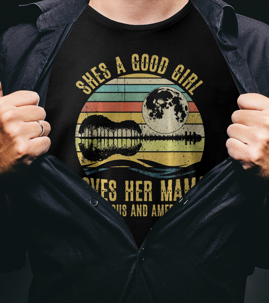 She's A Good Girl Loves Her Mama Loves Jesus And America Too Retro Acoustic Guitar Moon T-Shirt