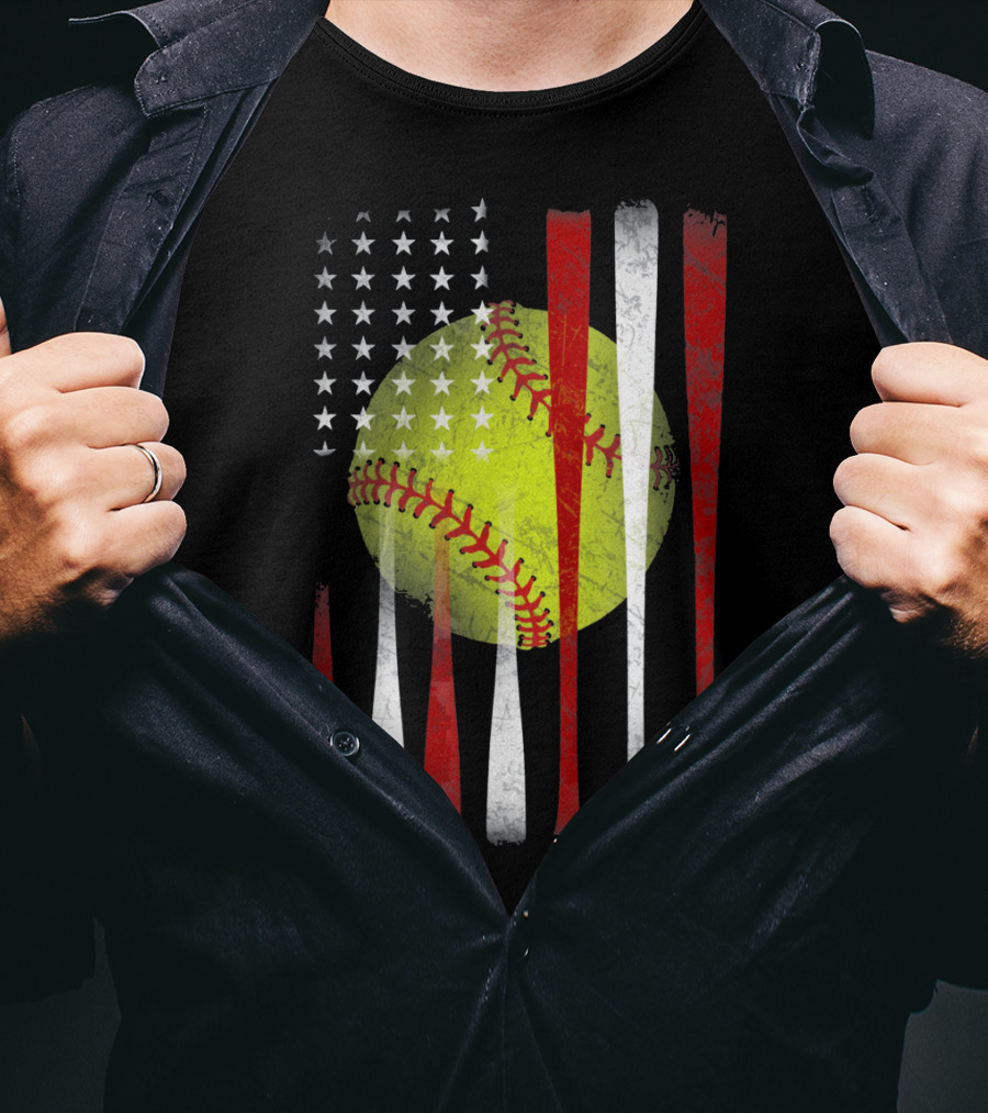 American Flag Vintage Softball Bats Stars Baseball T-Shirt