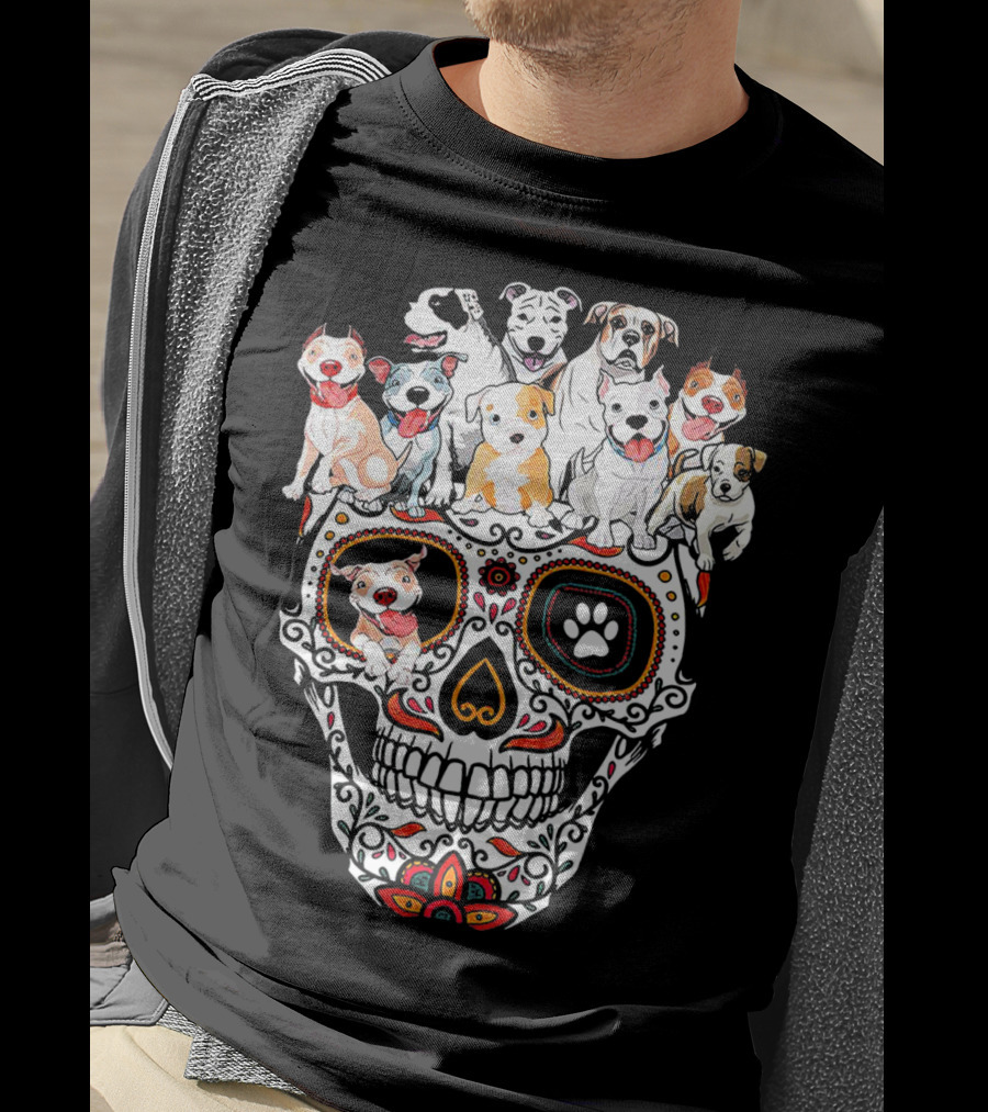 Pitbull Mom Sugar Skull Funny Canine Compilation T-Shirt