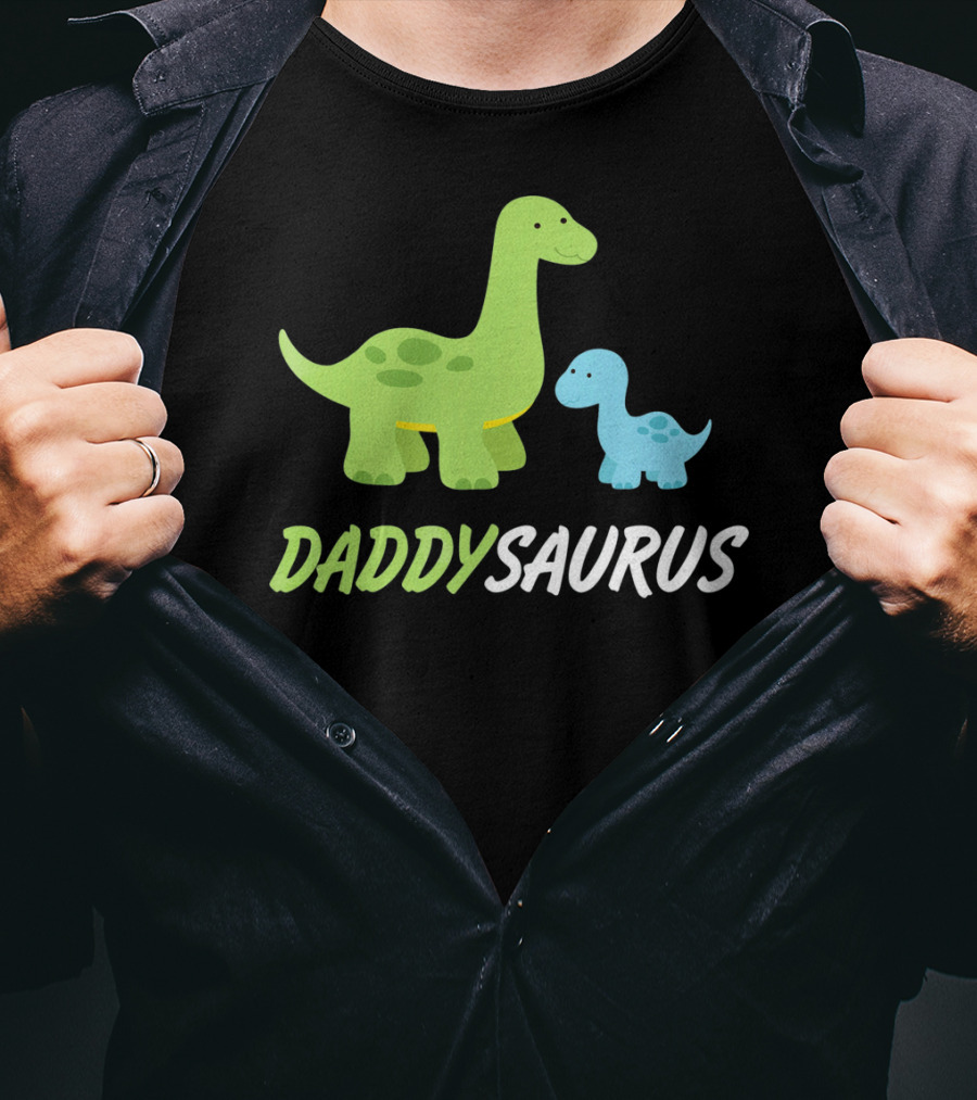 Daddysaurus Cute Sweet Daddy Family With Green Blue Dinosaurs T-Shirt