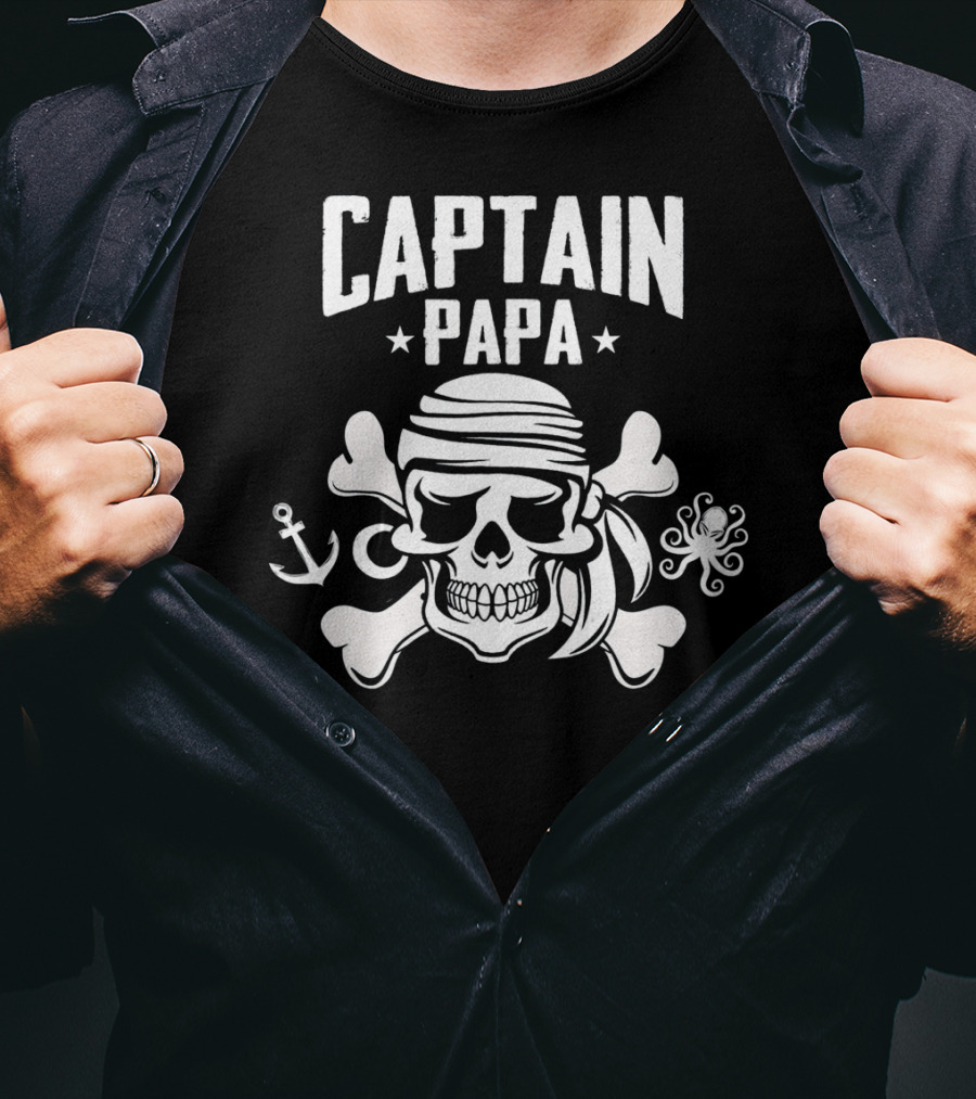 Captain Papa Funny Pirate Dad Skull And Crossbones Anchor Octopus T-Shirt