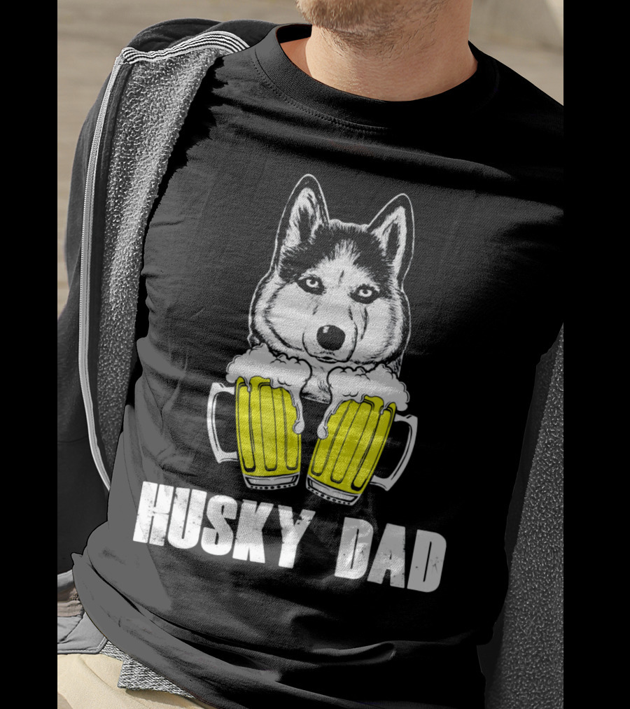 Husky Dad Funny Beer Day With Yellow Beer Mugs T-Shirt
