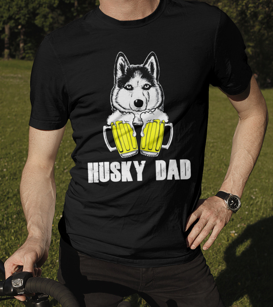 Husky Dad Funny Beer Day With Yellow Beer Mugs T-Shirt