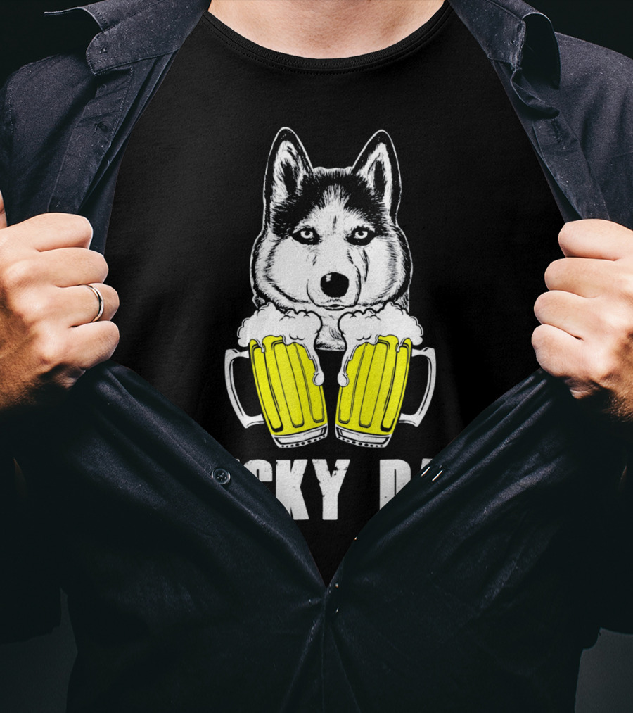 Husky Dad Funny Beer Day With Yellow Beer Mugs T-Shirt