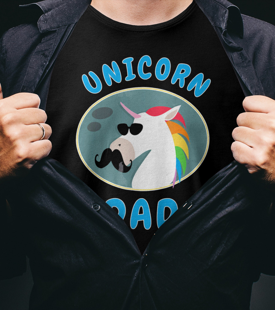 Unicorn Dad Funny Father Rainbow Mustache Sunglasses T-Shirt
