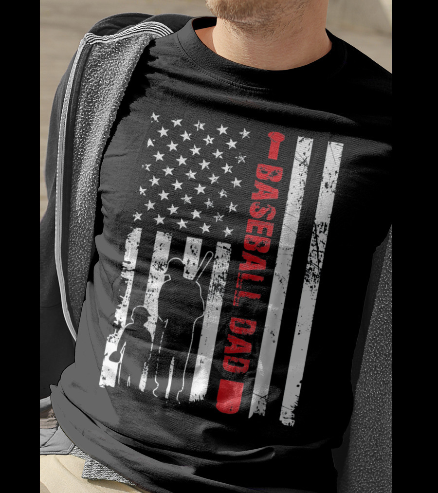 Mens Proud Baseball Dad American Flag Vertical Silhouette And Stars T-Shirt