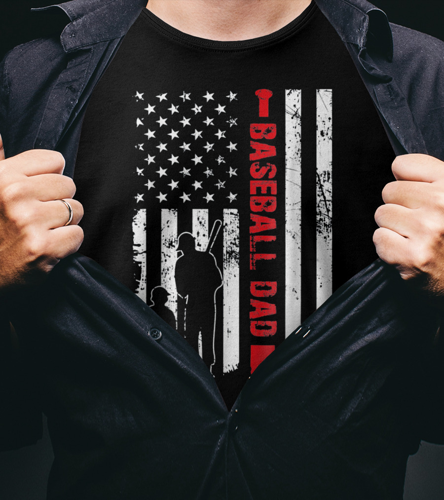 Mens Proud Baseball Dad American Flag Vertical Silhouette And Stars T-Shirt