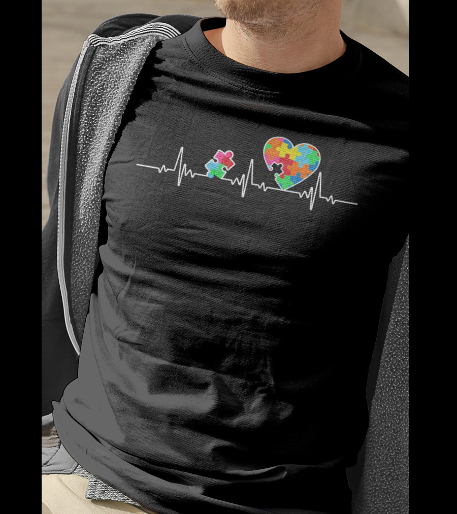 Autism Awareness Puzzle Heartbeat With Colorful Puzzle Heart T-Shirt