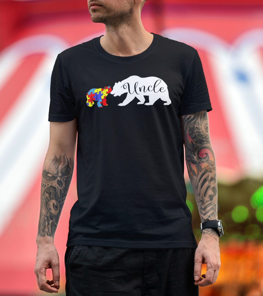 Uncle Bear With Autism Puzzle Bear Design For Awareness Month T-Shirt