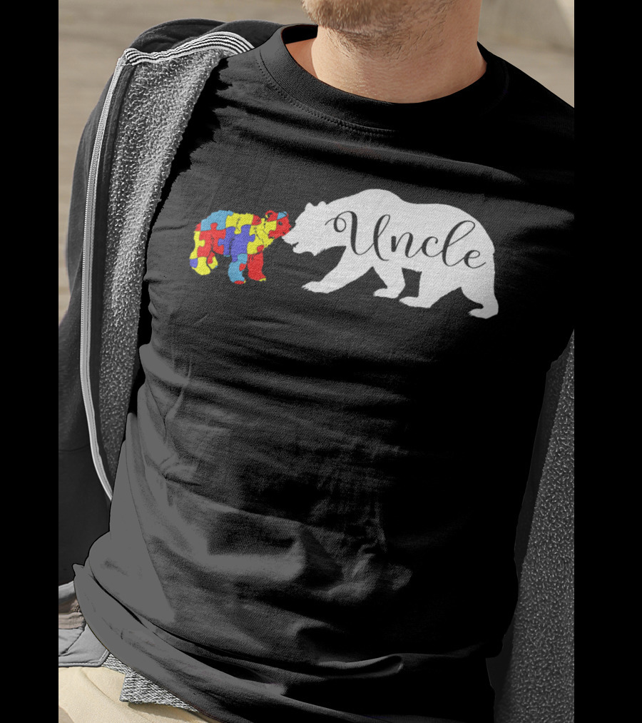 Uncle Bear With Autism Puzzle Bear Design For Awareness Month T-Shirt