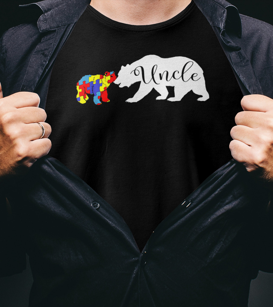 Uncle Bear With Autism Puzzle Bear Design For Awareness Month T-Shirt