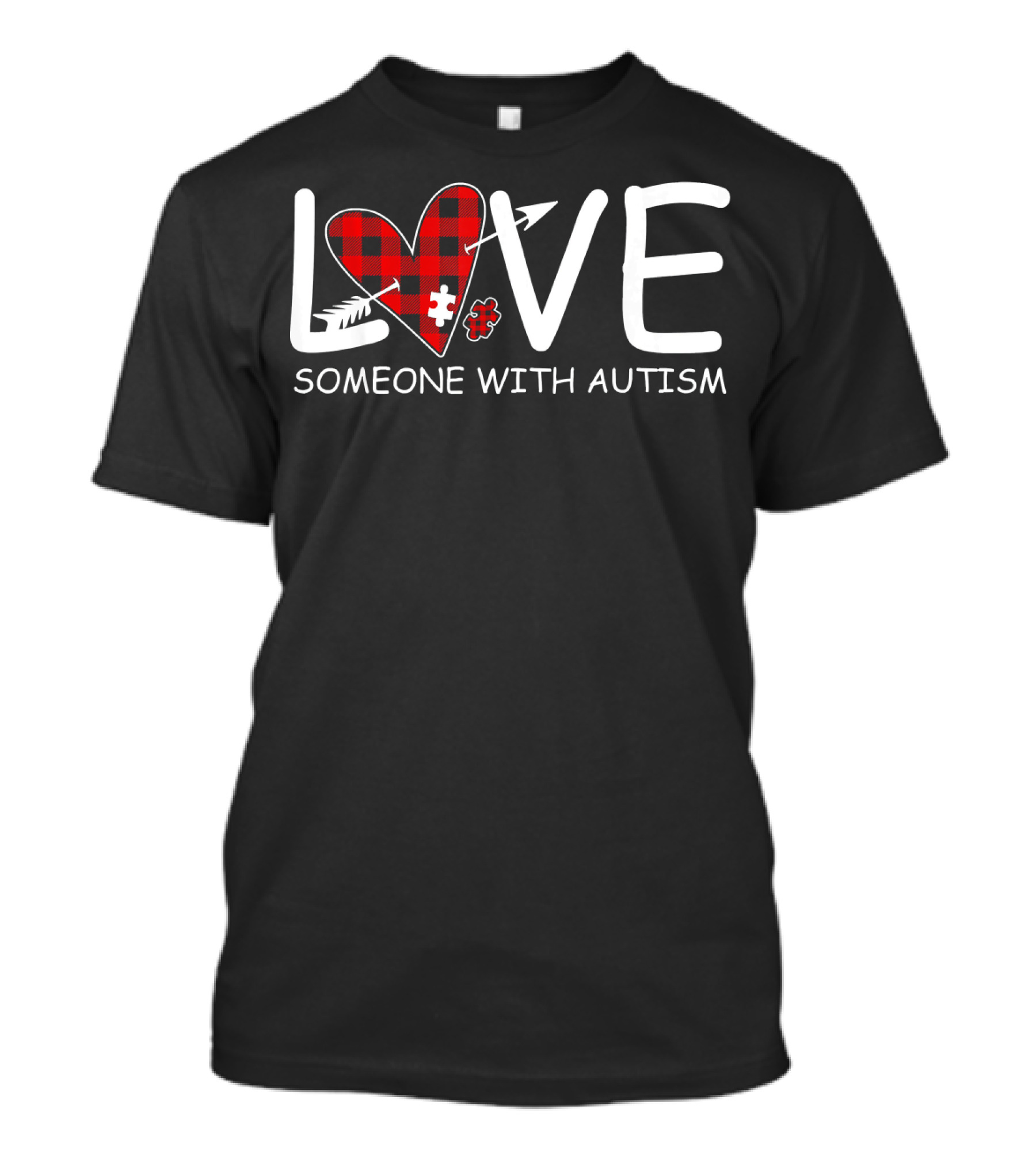 Love Someone With Autism Red Plaid Heart Puzzle Piece T-Shirt