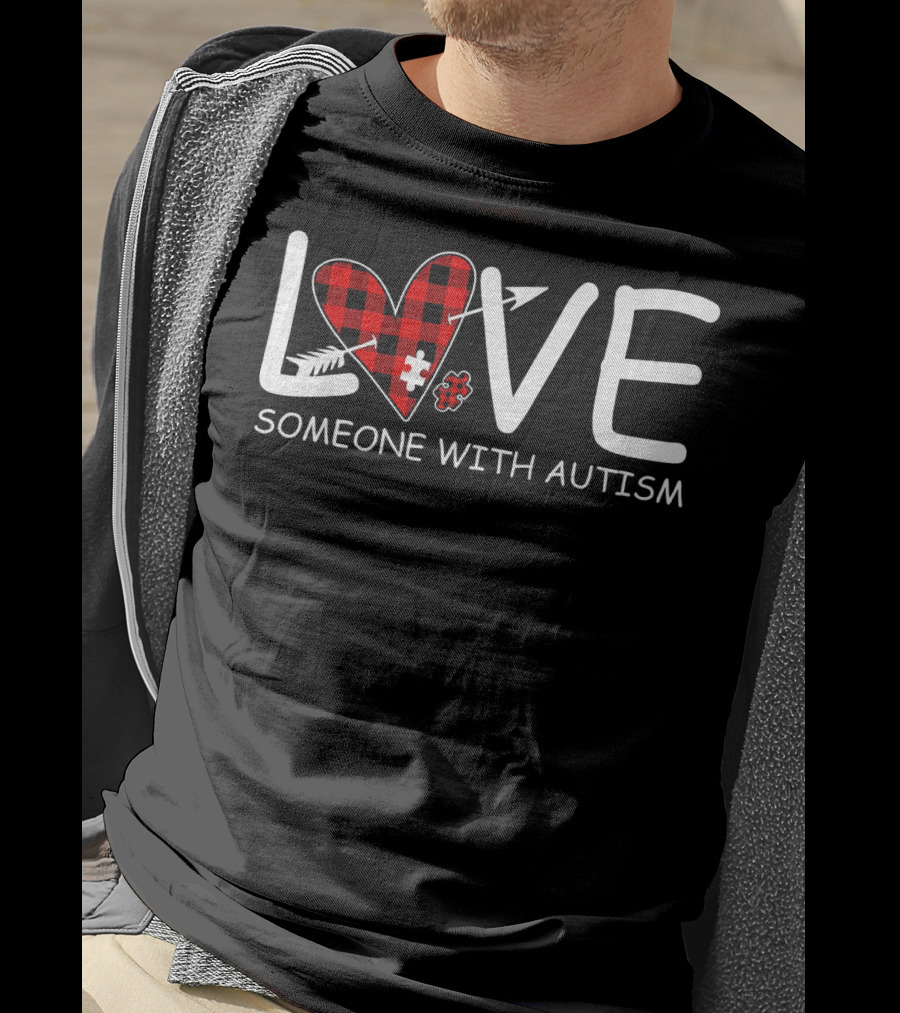 Love Someone With Autism Red Plaid Heart Puzzle Piece T-Shirt