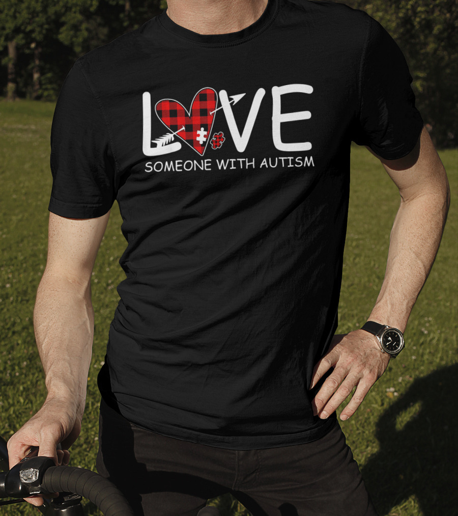 Love Someone With Autism Red Plaid Heart Puzzle Piece T-Shirt