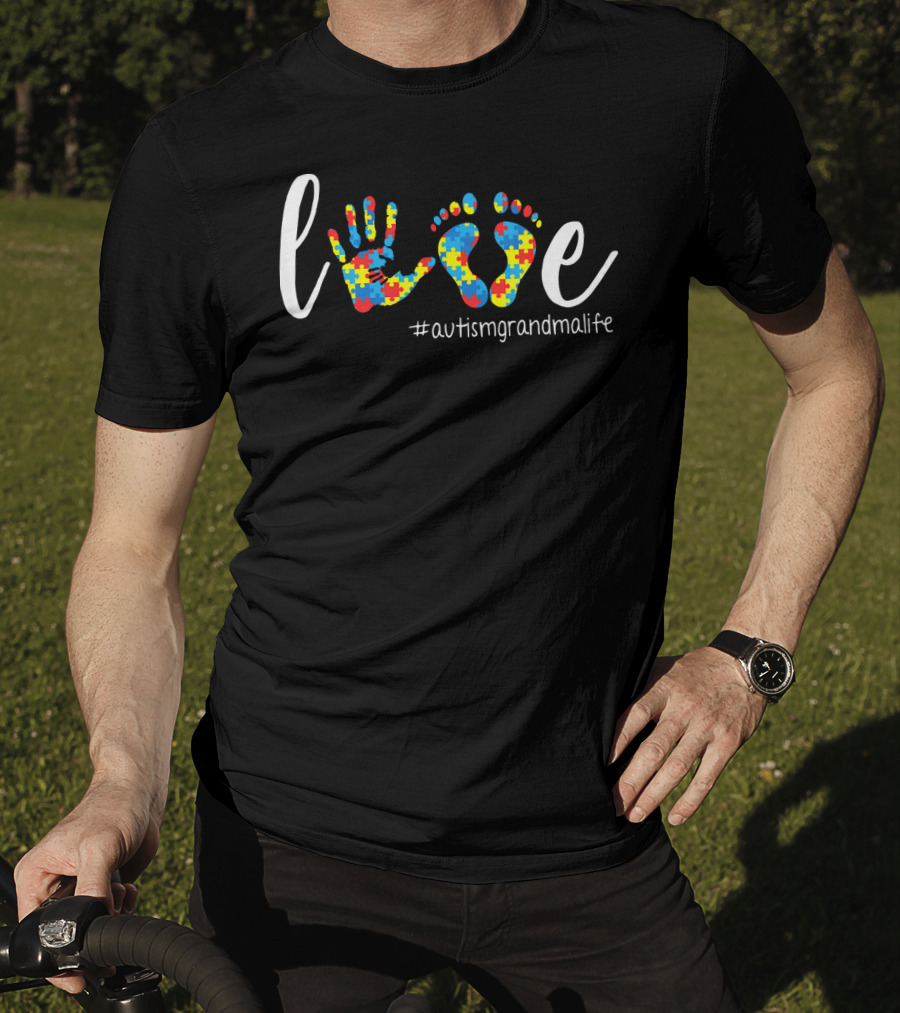 Love Autism Grandma Life Handprint Footprint Puzzle T-Shirt