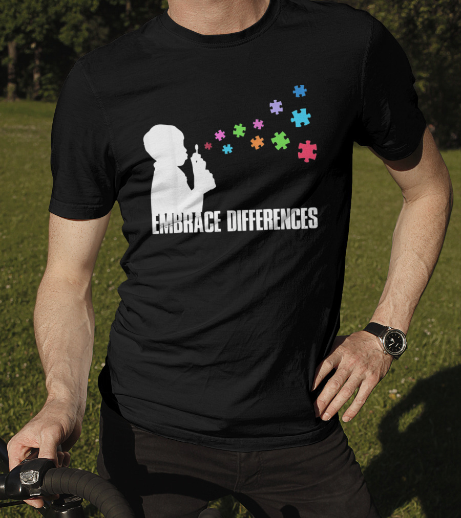 Embrace Differences Support Auti Autism Puzzle Pieces Bubbles T-Shirt