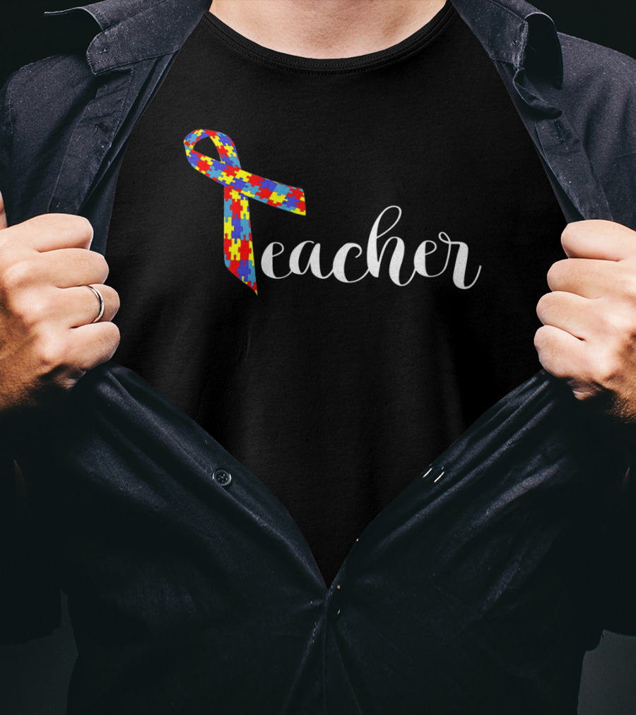 Autism Awareness Teacher Adult Puzzle Ribbon Women Men T-Shirt