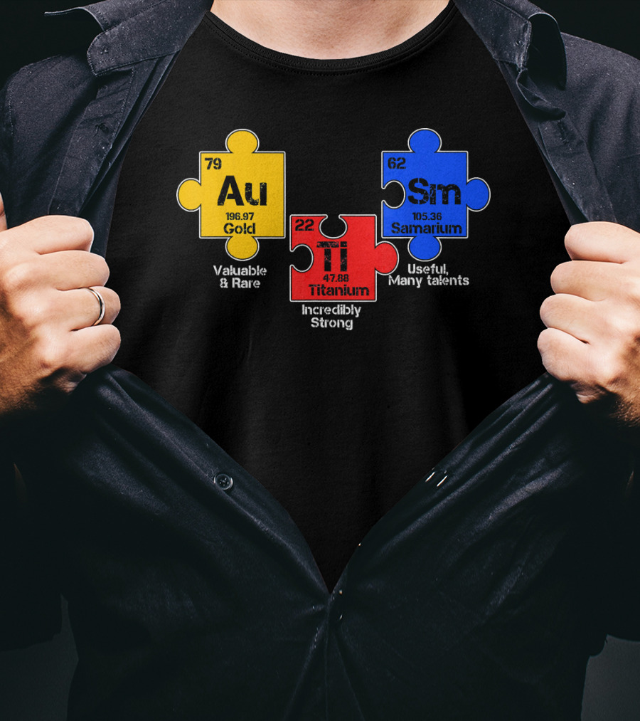 Autism Awareness Day Puzzle Chemical Elements Au Gold Ti Titanium Sm Samarium T-Shirt