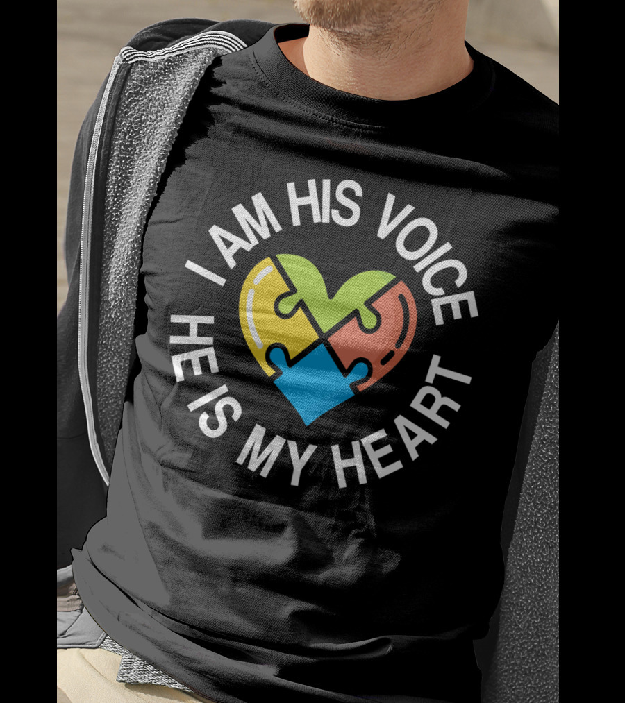 I Am His Voice He Is My Heart Autism Awareness Heart Puzzle T-Shirt