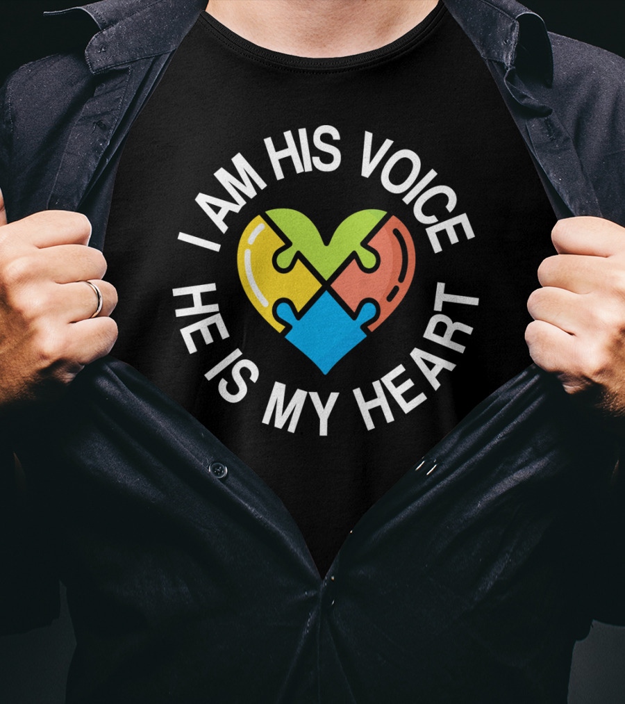 I Am His Voice He Is My Heart Autism Awareness Heart Puzzle T-Shirt