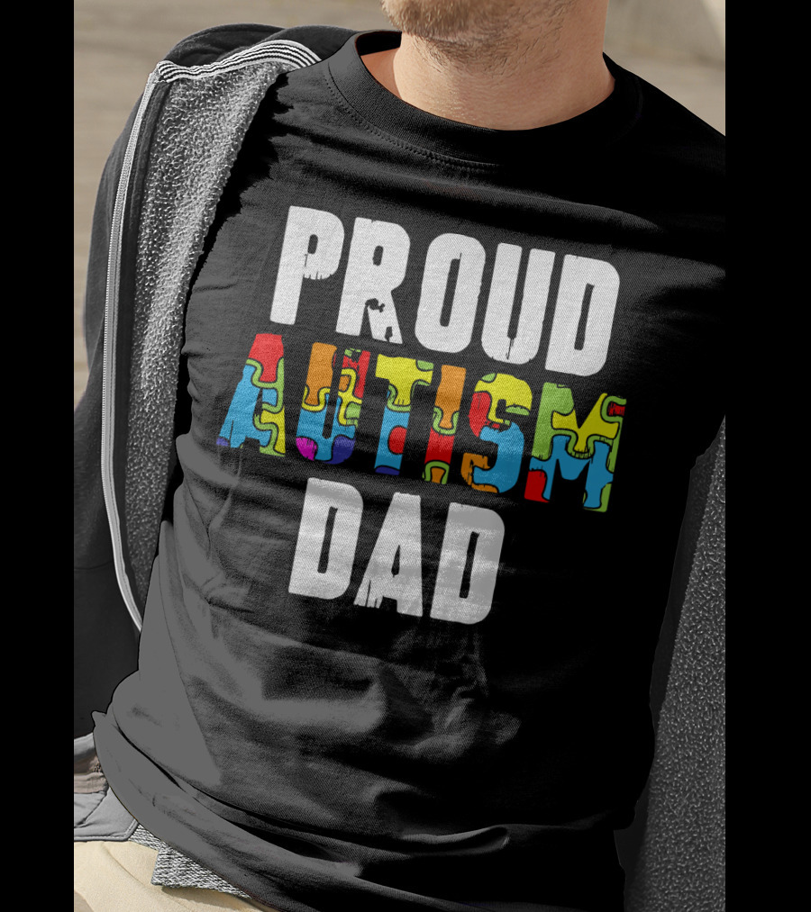 Proud Autism Dad Colorful Puzzle Piece Autism Awareness T-Shirt