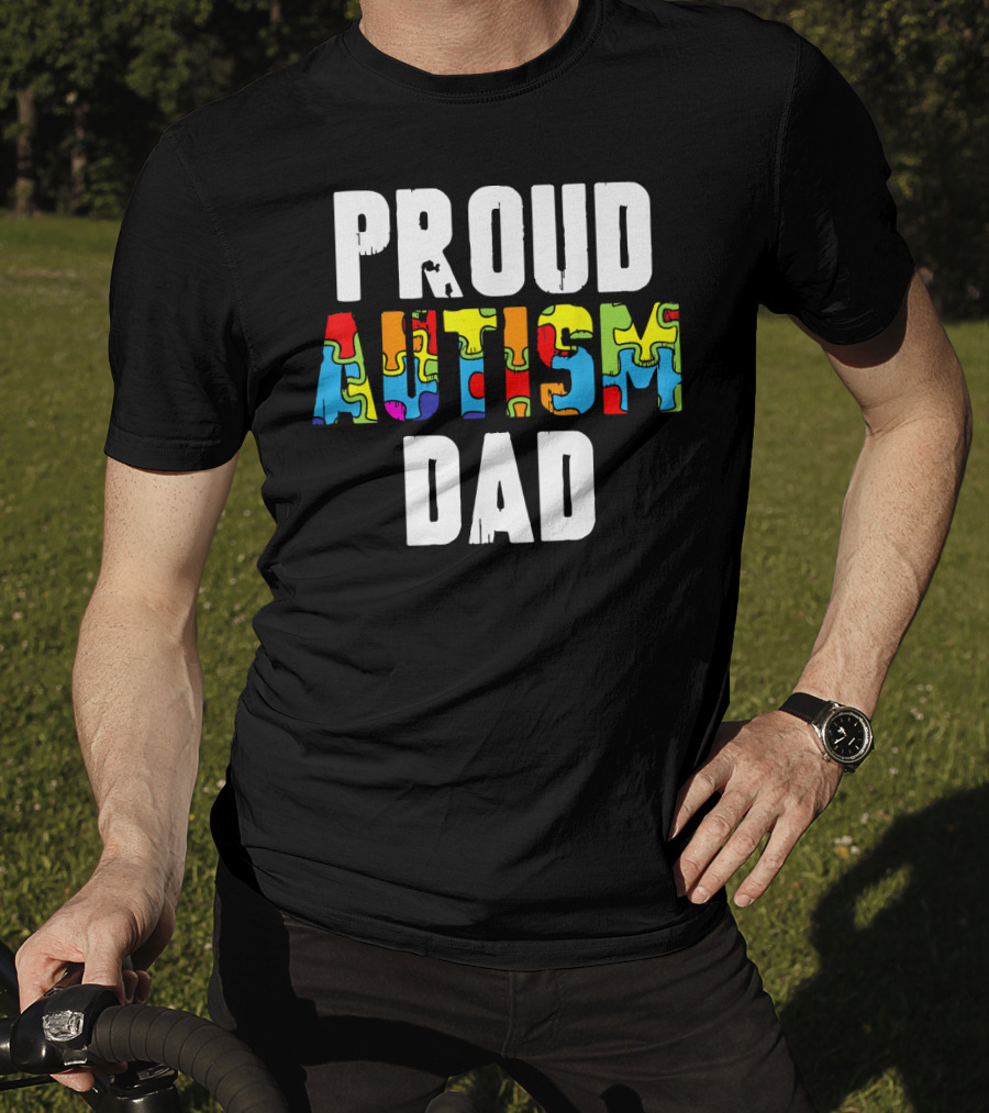Proud Autism Dad Colorful Puzzle Piece Autism Awareness T-Shirt