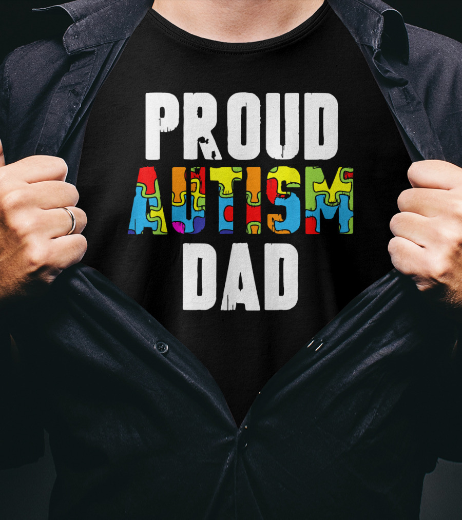 Proud Autism Dad Colorful Puzzle Piece Autism Awareness T-Shirt