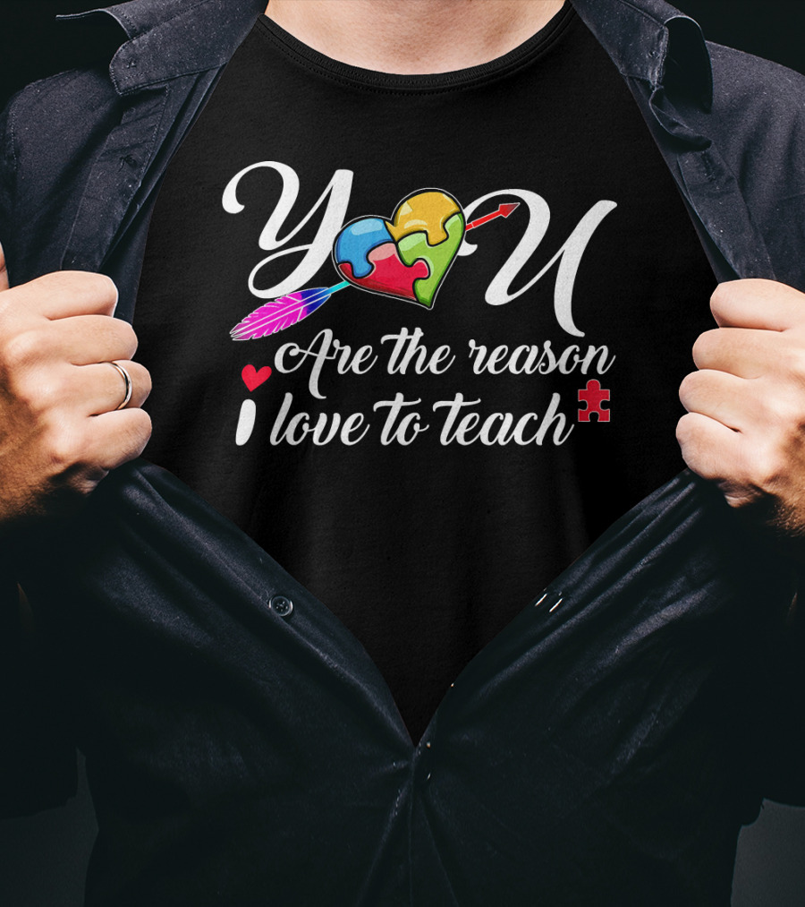 You Are The Reason I Love To Teach Autism Puzzle Heart Arrow Feathers T-Shirt