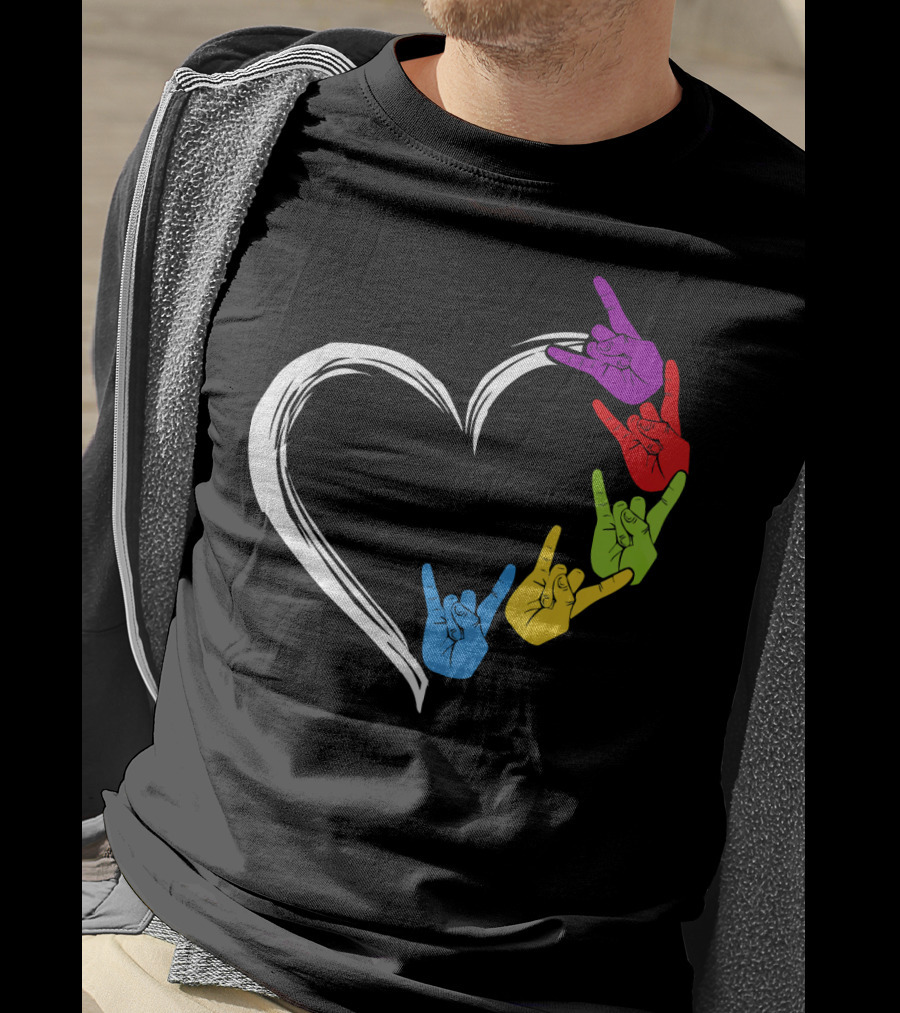 Kids Heart Love Colorful Hand Sign Language Rock T-Shirt