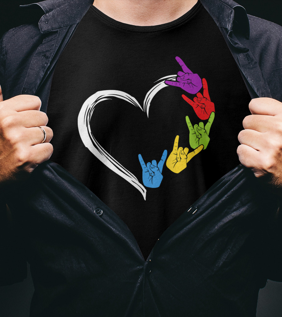 Kids Heart Love Colorful Hand Sign Language Rock T-Shirt