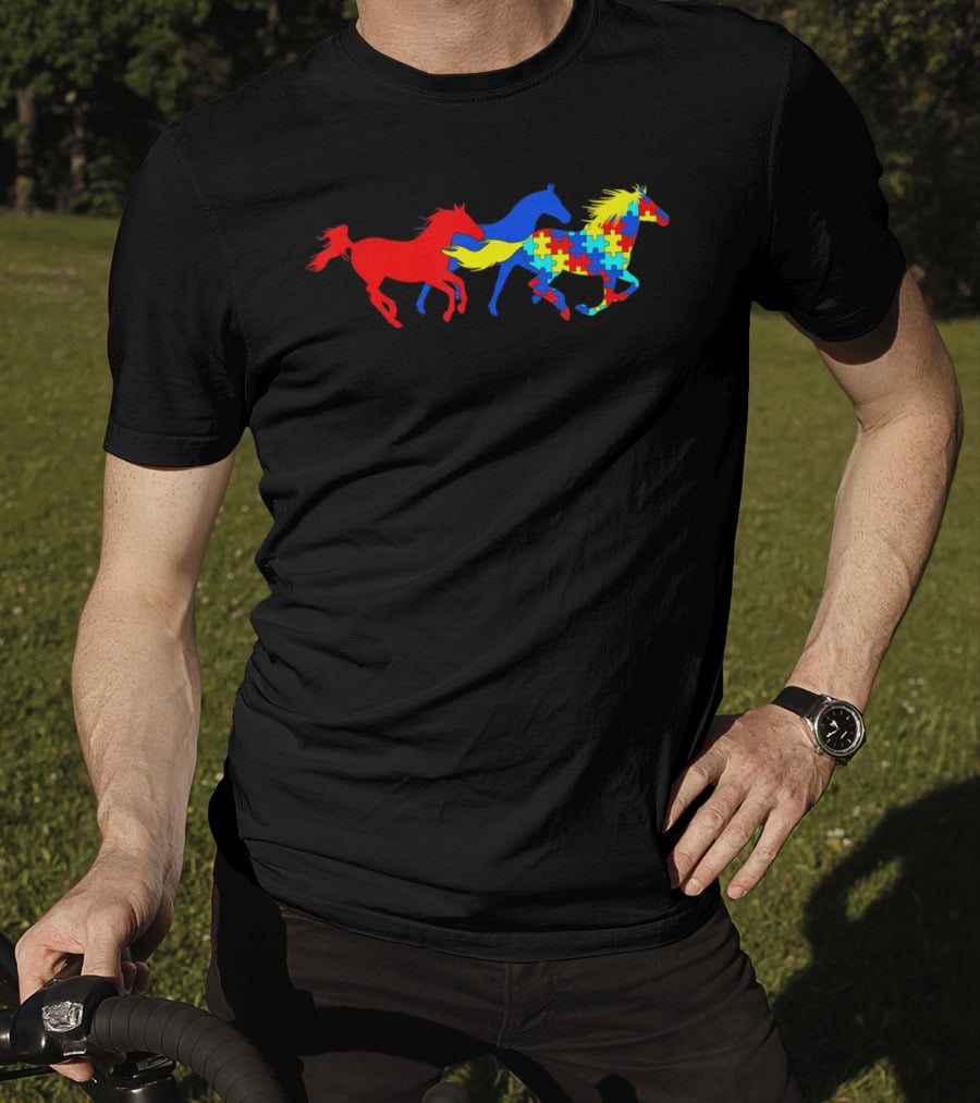 Autism Awareness Colorful Puzzle Horses Running T-Shirt