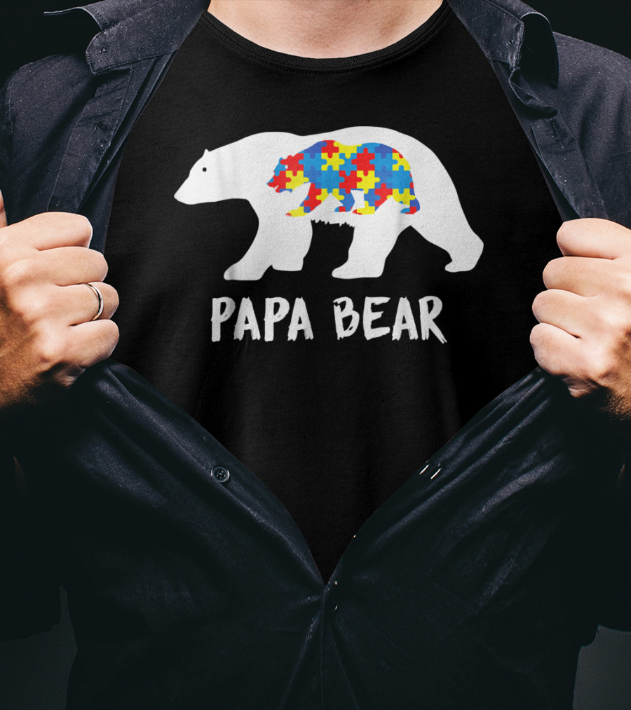 Papa Bear White Bear With Puzzle Bear Autism T-Shirt