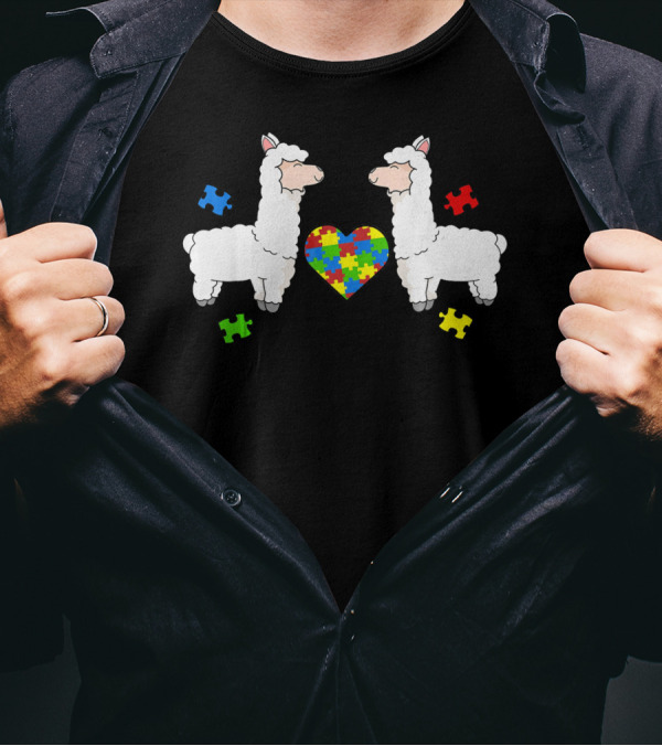 Autism Awareness Llama Puzzle Heart Pieces T-Shirt