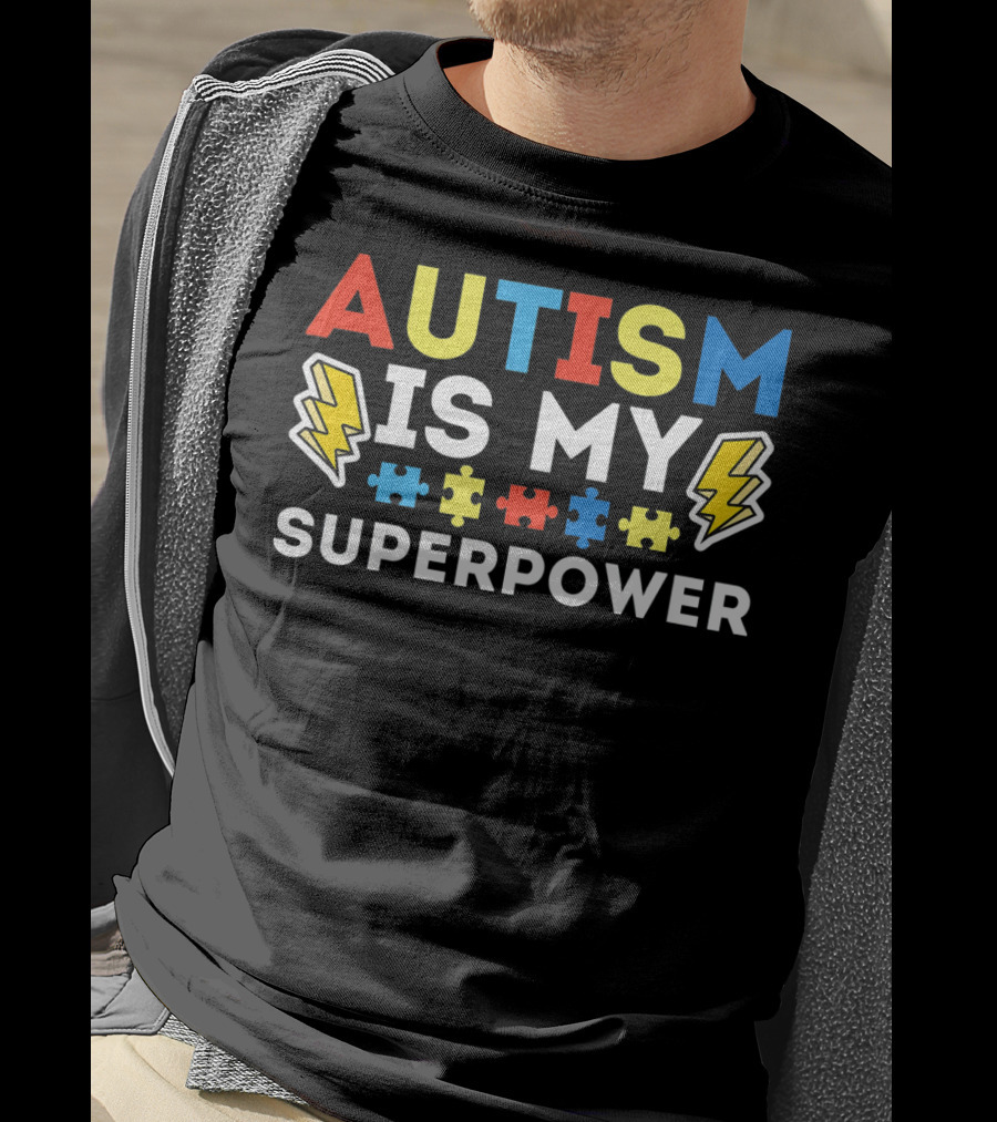 Kids Autism Awareness Autism Is My Superpower Puzzle Lightning T-Shirt