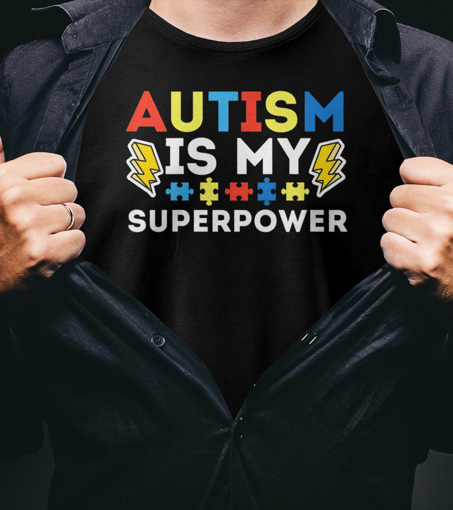 Kids Autism Awareness Autism Is My Superpower Puzzle Lightning T-Shirt