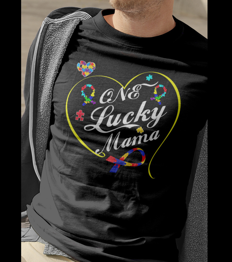 One Lucky Mama Autism Awareness Heart Puzzle T-Shirt