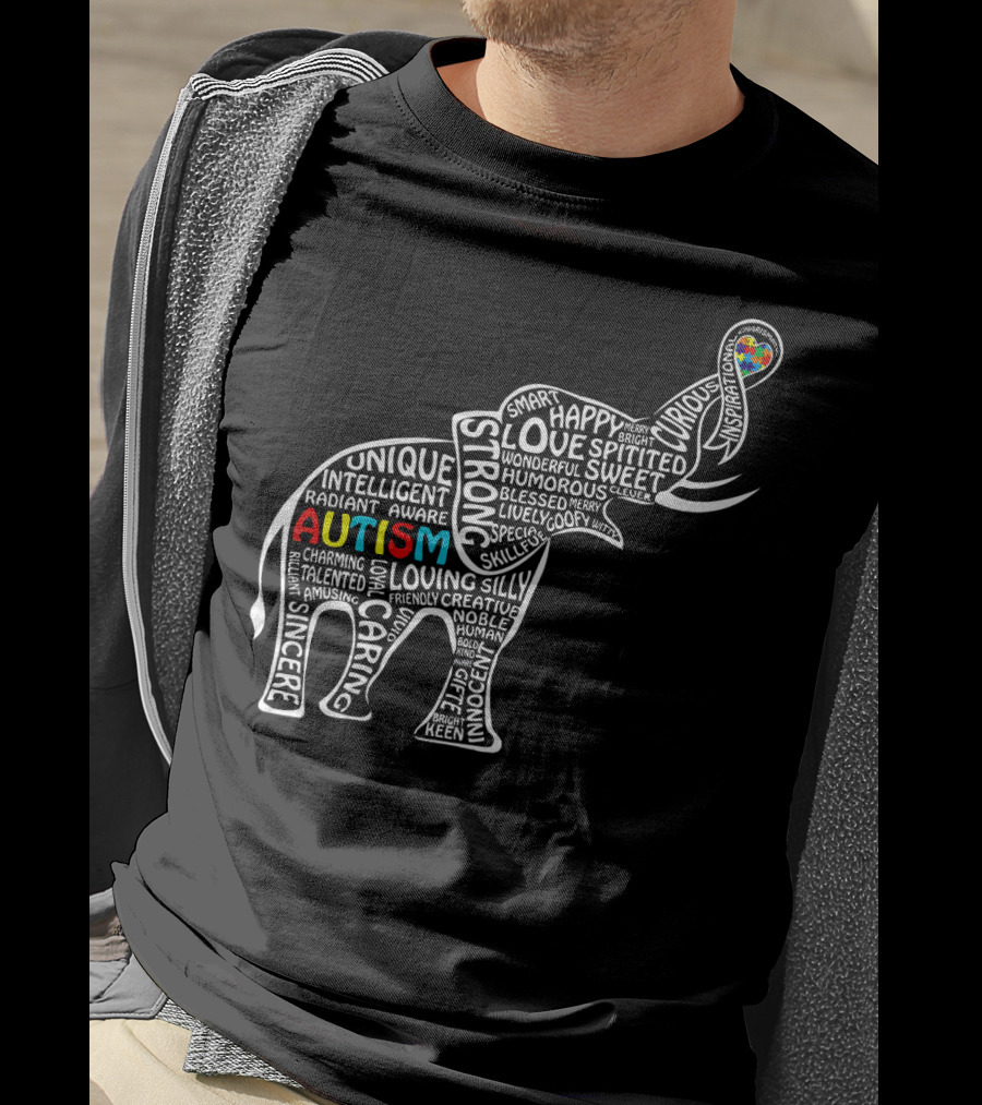 Funny Clever Autism Awareness Elephant Typography T-Shirt