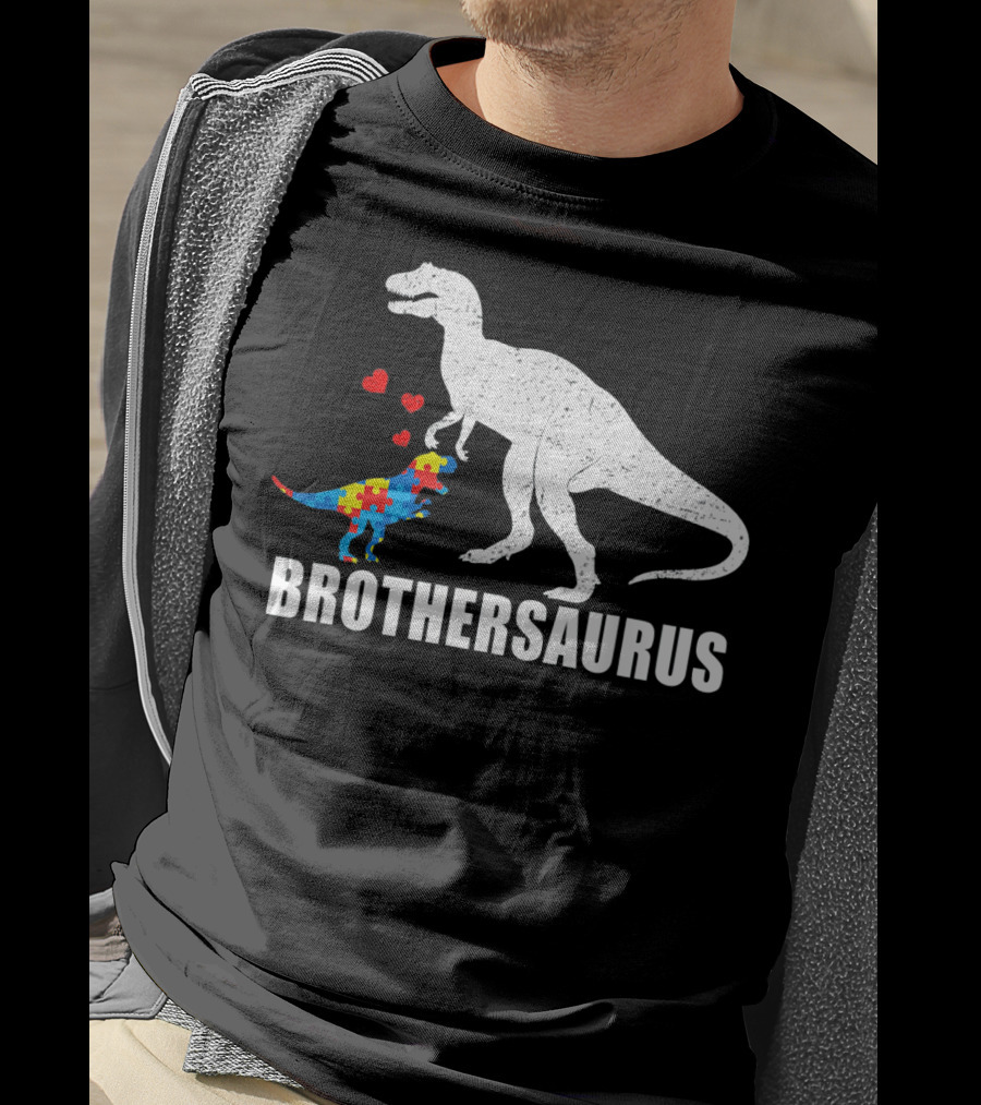 Brothersaurus Dinosaur With Puzzle Pattern For Autism Awareness T-Shirt
