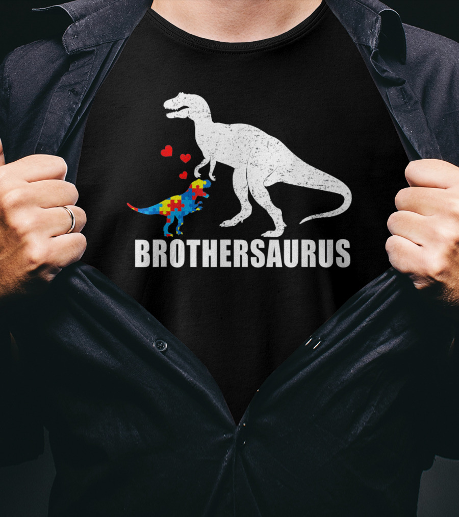 Brothersaurus Dinosaur With Puzzle Pattern For Autism Awareness T-Shirt