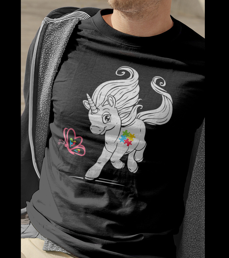 Unicorn Butterfly Autism Puzzle Awareness T-Shirt