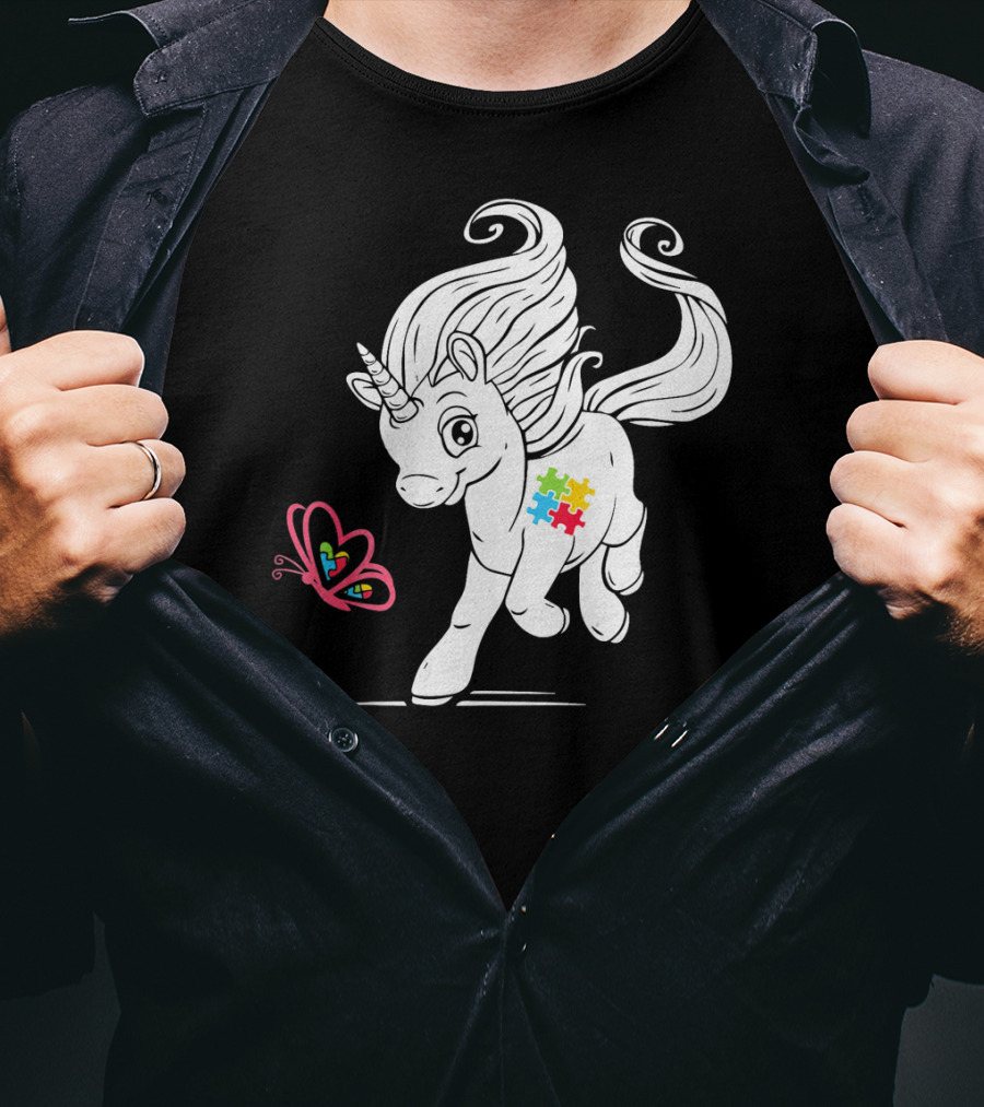 Unicorn Butterfly Autism Puzzle Awareness T-Shirt