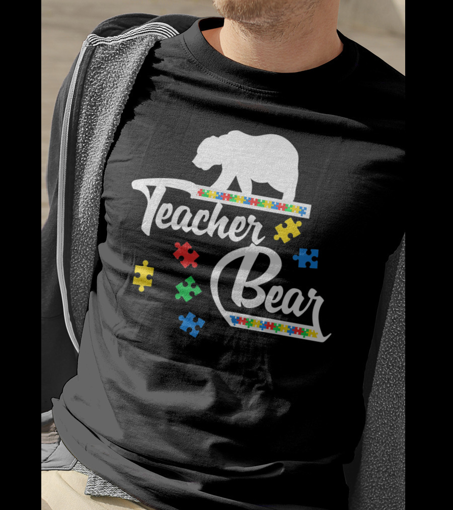 Teacher Bear Autism Awareness Puzzle Pieces T-Shirt