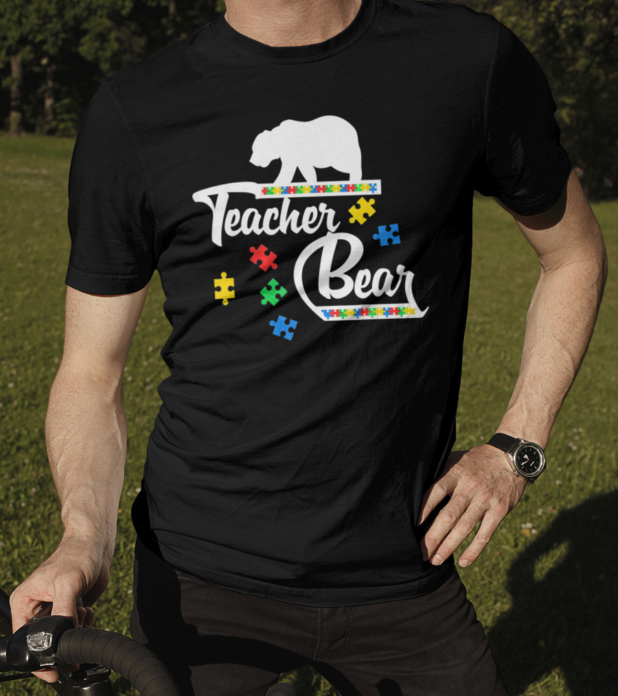 Teacher Bear Autism Awareness Puzzle Pieces T-Shirt